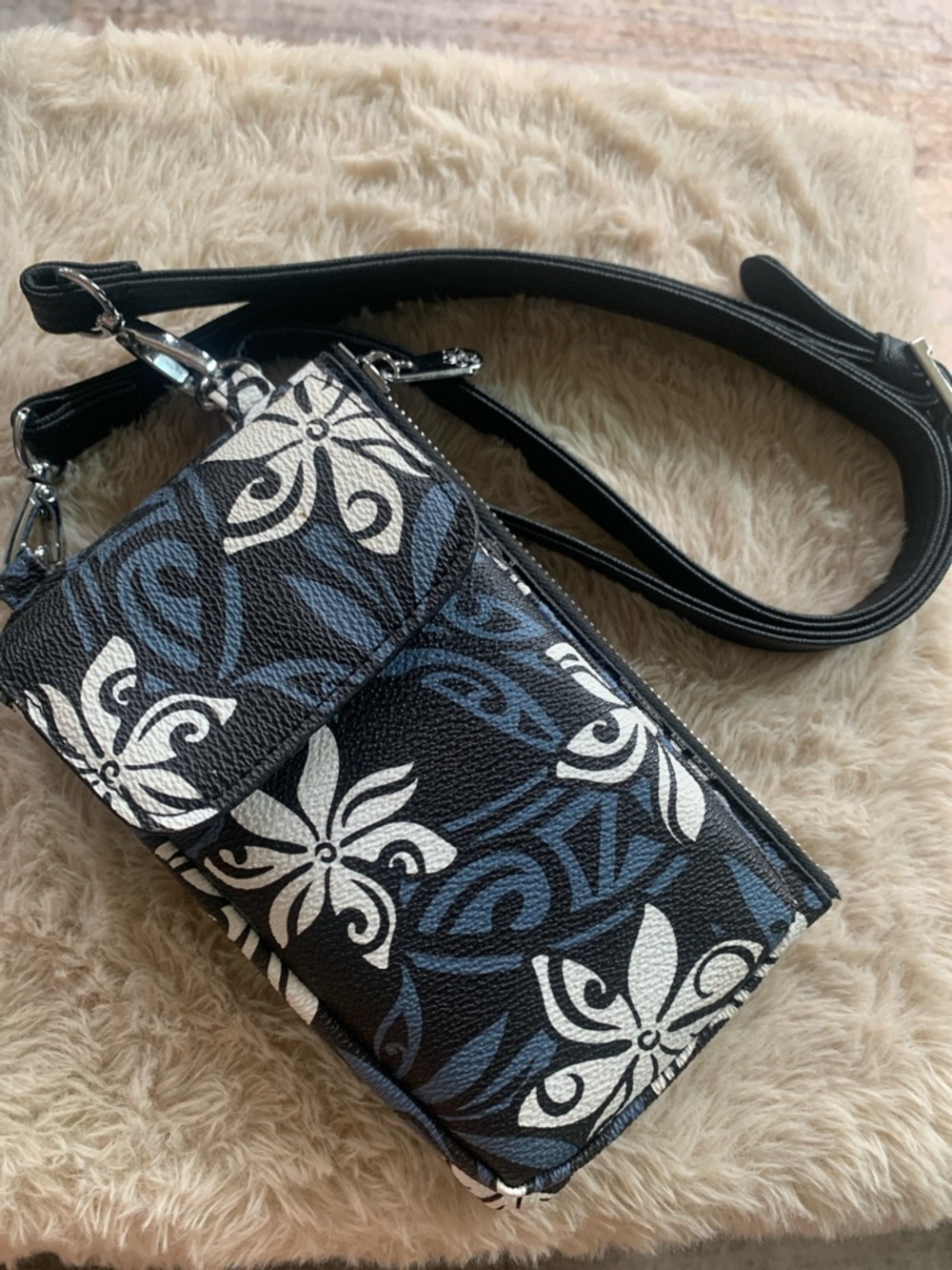 Happy Wahine Floral Print Black & Blue Crossbody Phone Bag